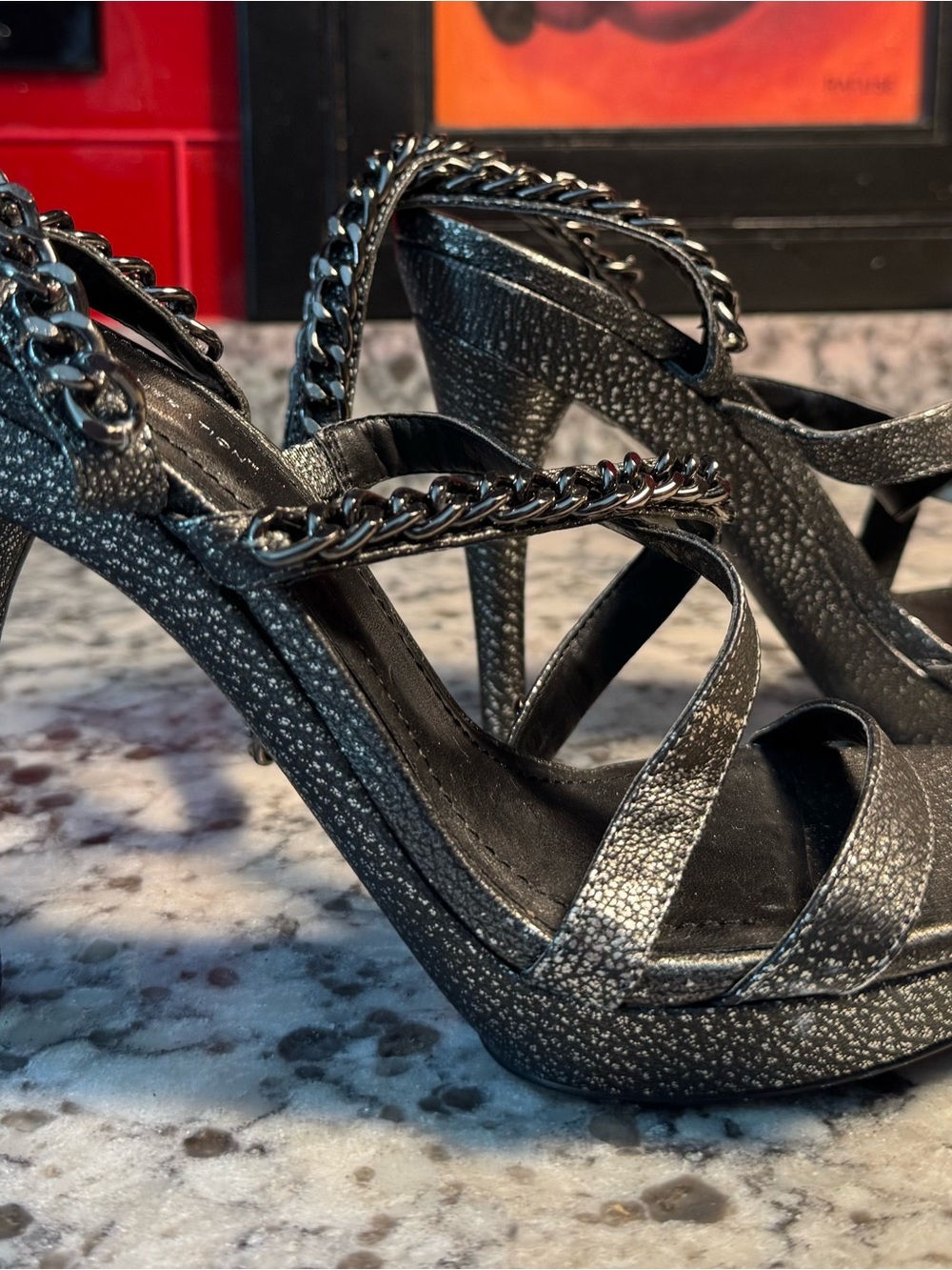 BCBGeneration Metallic Pewter Black Chain-Strap Platform Heels